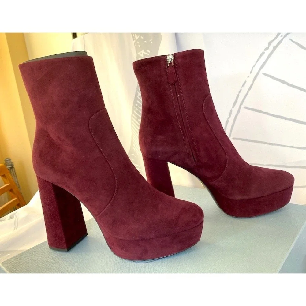 PRADA Milano 1TP221 Womens Burgundy Suede High heel‎ Ankle Boots Shoes, 35.5